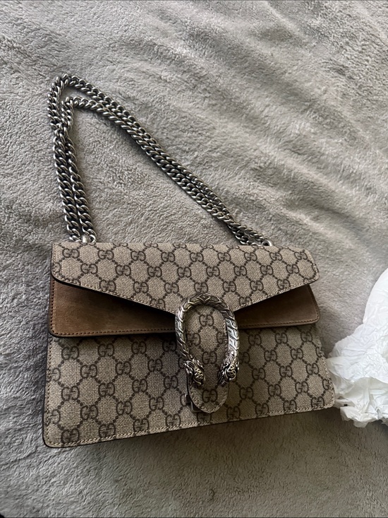 Gucci Handbags - Gucci Brown Beige GG Supreme Canvas Shoulder Bag with Silver Chain